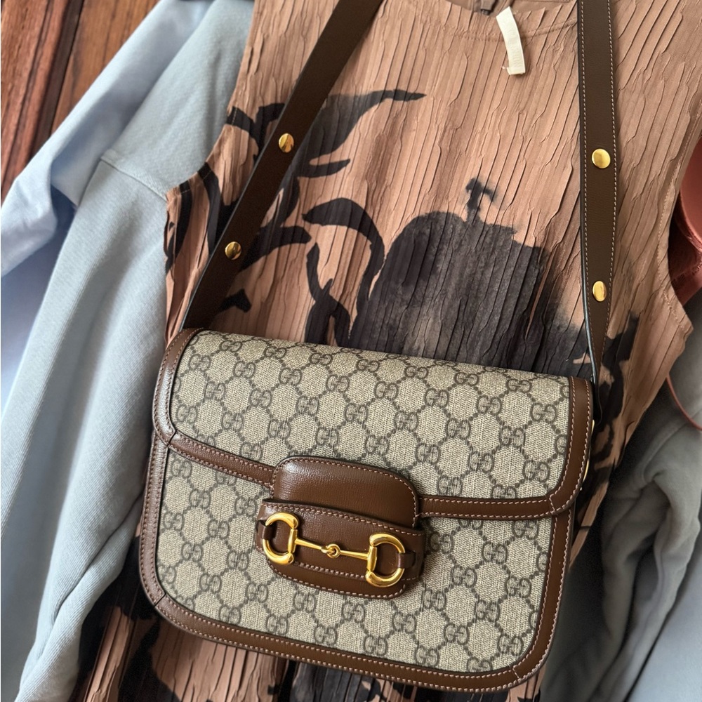 Gucci Brown and Cream Shoulder Bag with Horsebit Detail